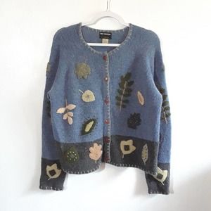Nan Hadden 90s Art To Wear Sweater Cardigan size Large, Fair Blue Wool Applique